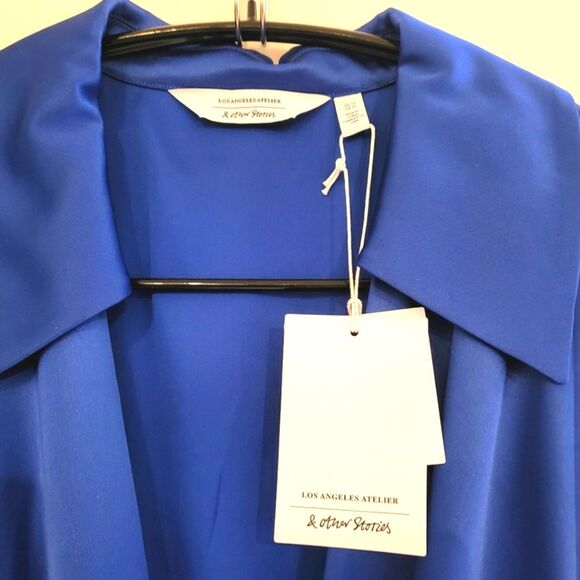 & Other Stories Satin Dress Twist Front Mini Bright Blue NEW 12 Large - Picture 9 of 10